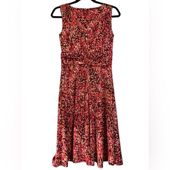 Orvis size 6 ruched fit and flare abstract art print dress pink coral midi - Picture 2 of 6